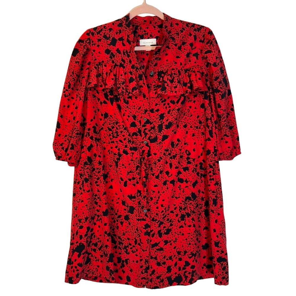 Topshop Red Black Splatter Print Button Up Tie Waist Side Pockets Shirt Dress 2